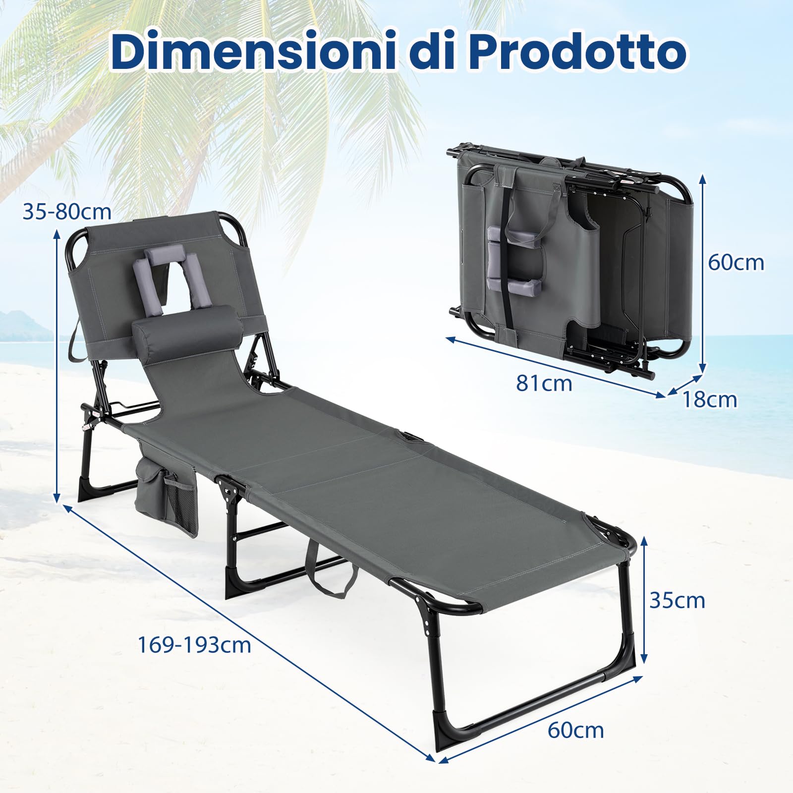 COSTWAY Lettino Prendisole da Spiaggia, Sdraio Mare Pieghevole Portatile con Foro per Viso e Braccia, Cuscino e Tasche Laterali, Schienale Regolabile 4 Posizioni, Portata 150 kg (Grigio)