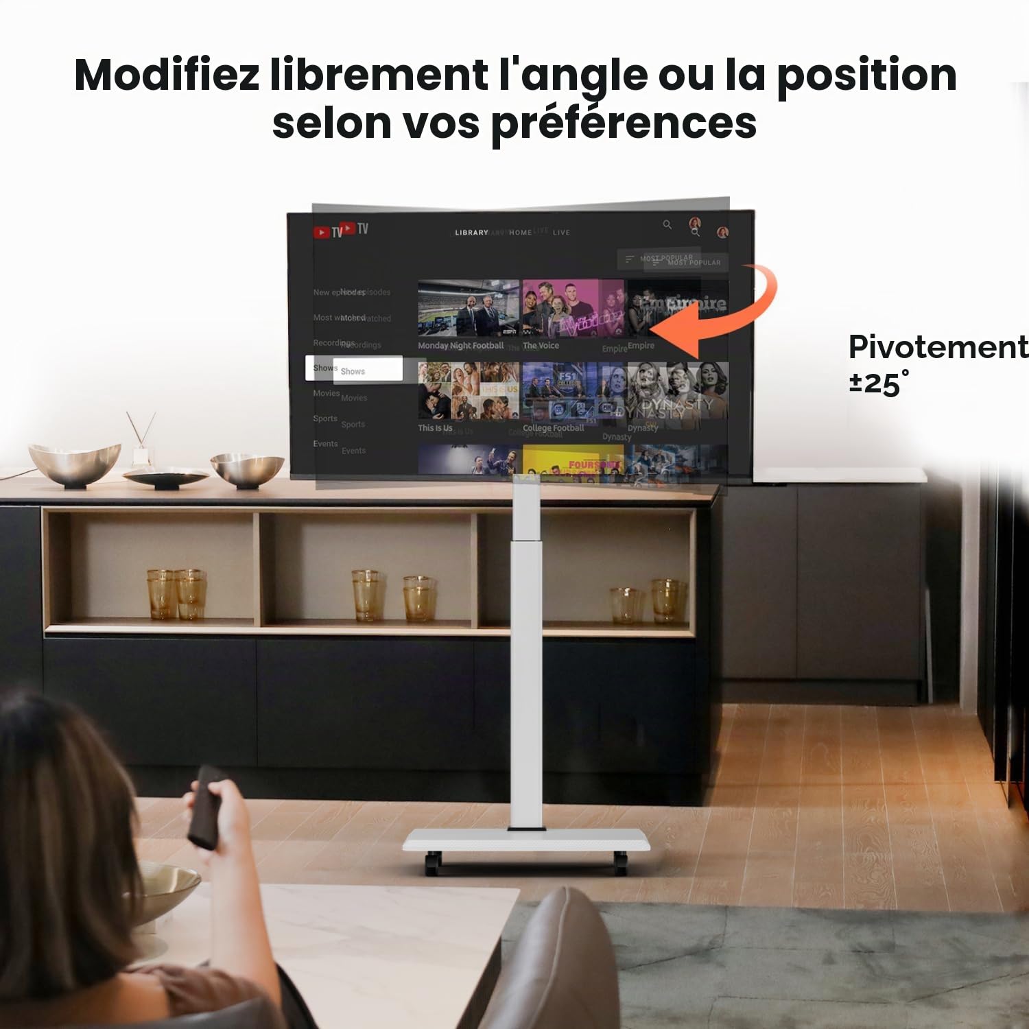 NearHub Support TV sur Pied pour TV 26-70 Pouces, Support TV roulettes Réglable en Hauteur (6 Niveaux), Rotation ±25°, Charge Max 40 kg, Norme VESA 100x100mm-600x400 mm, Blanc