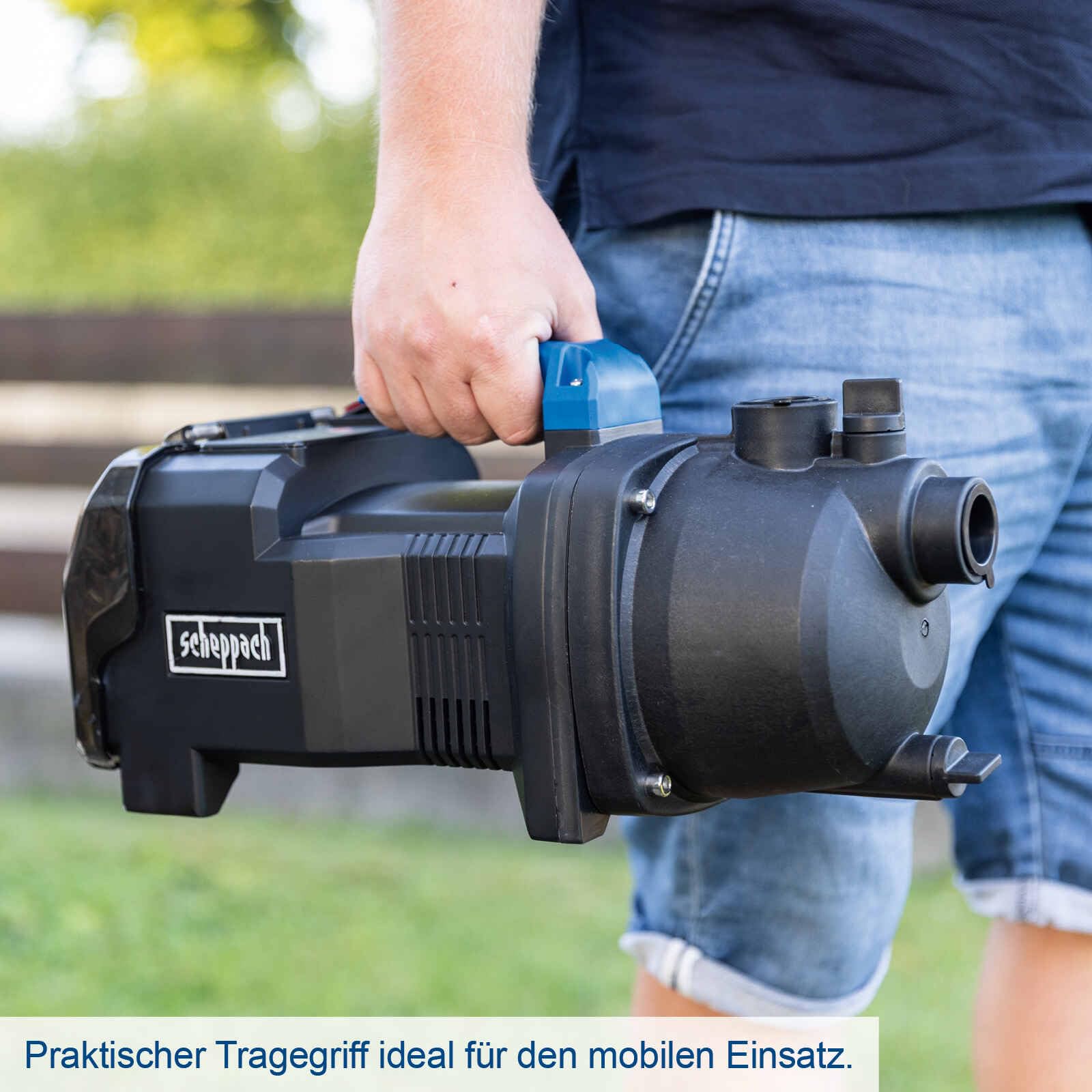 Scheppach Pompa da giardino a batteria C-GP3000-X con tubo da 2 m, portata 3000 l/h, altezza di erogazione 25 m, profondità di immersione 8 m, pressione di erogazione 2,6 bar, serie 20 V-IXES, con