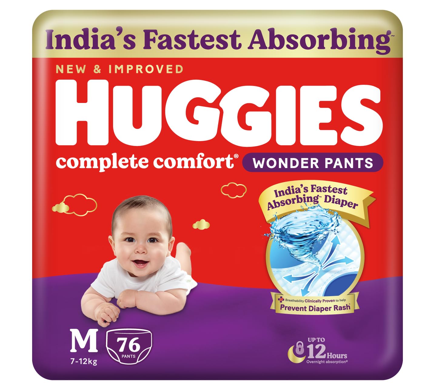 Huggies Complete Comfort Wonder Pants | Pant Style Baby Diapers Medium Size, 76 Count | India's Fastest Absorbing Diaper, Prevents Diaper Rash, Ideal for 7 to 12 Kgs