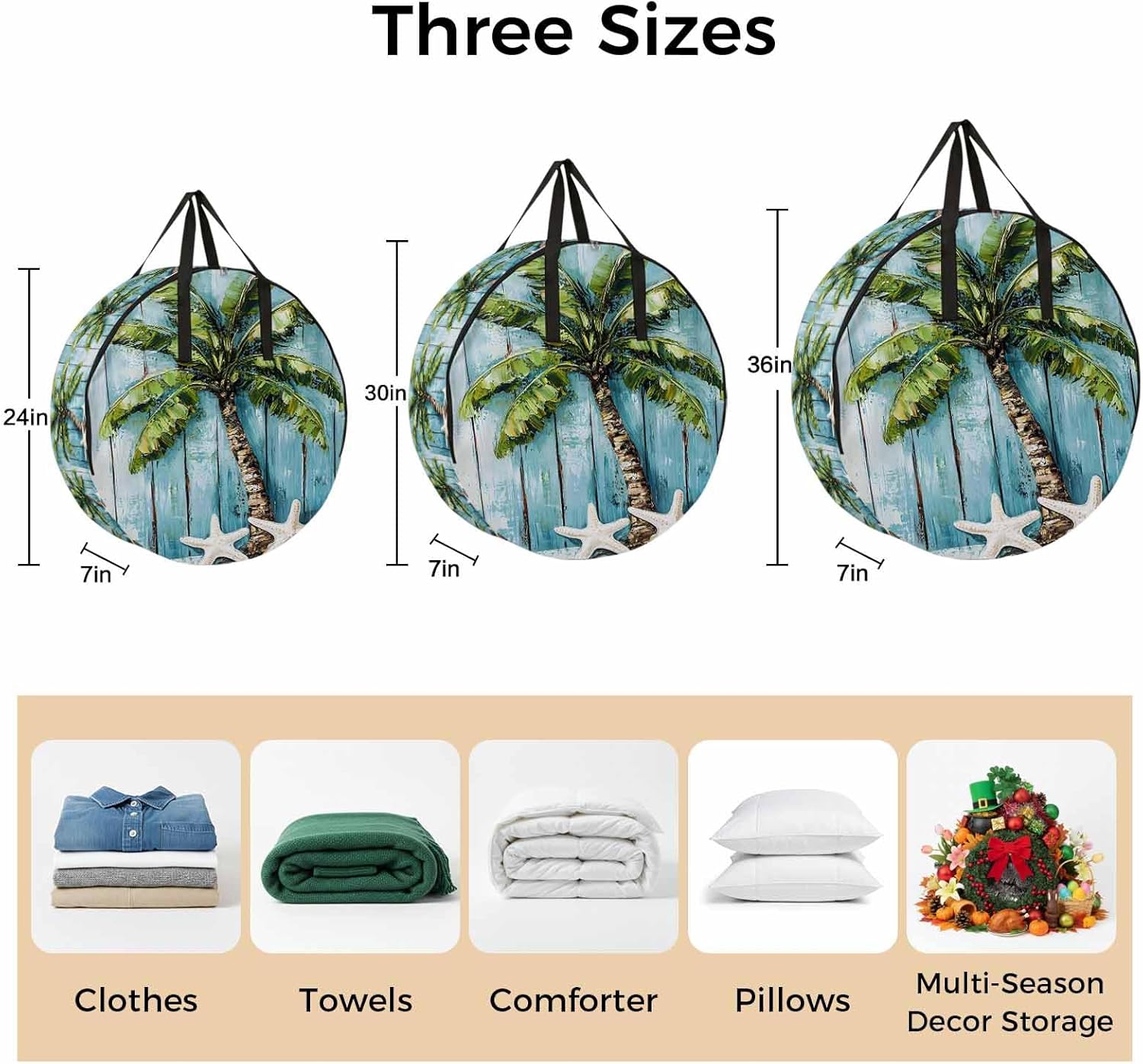Tropical Plant Round Storage Bag 36 Inch, Blue Wood Grain Starfish Vintage Nautical Clothes Storage Container with Handles Heavy Duty Organizer for Comforter, Bedding & Holiday Wreaths