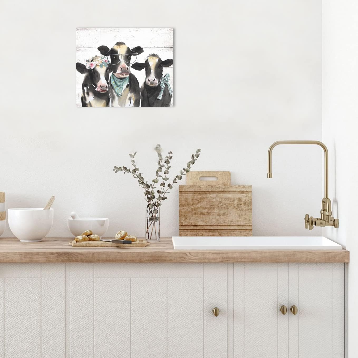 1 KINGO Farmhouse Highland Cow Wall Art: Rustic Milk Cow Picture for Country Kitchen Home Decor Black White Cow Family Poster Canvas Print for Bathroom Bedroom 15x12 Inch image 4