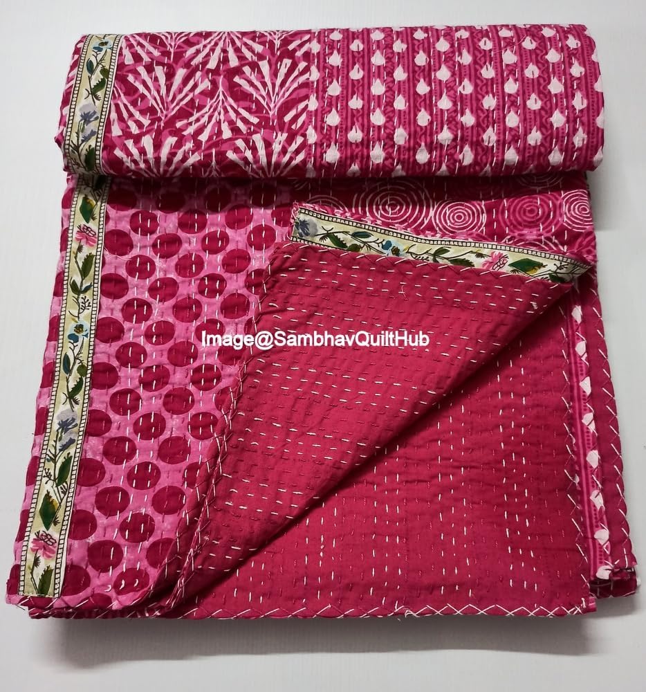 Pink Indigo Print with Less Cotton Handmade Handblock Quilted Blanket Cotton Indigo Print Bedspread Kantha Work Bohemian Bed Decor Block Throw Blanket Twin/King/Queen (108X108 inch)