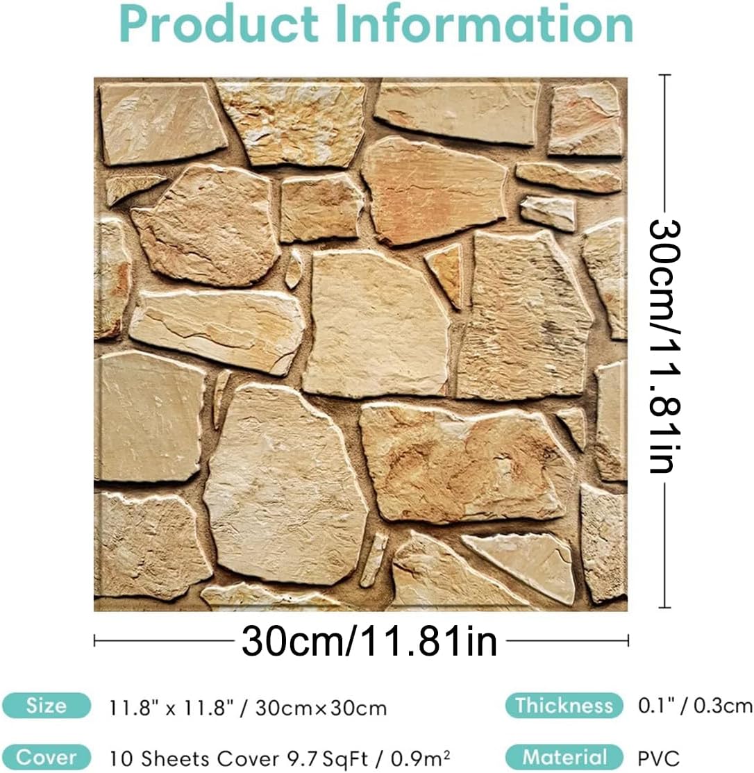 ECYC Ltd 10 Pcs Faux Stone 3D Wall Panels Peel and Stick, Faux Brick Wall Tiles PVC Decorative Wall Panels Self Adhesive Waterproof Wallpaper for Interior Wall, Living Room, Bedroom, RV, 11.8" x 11.8"