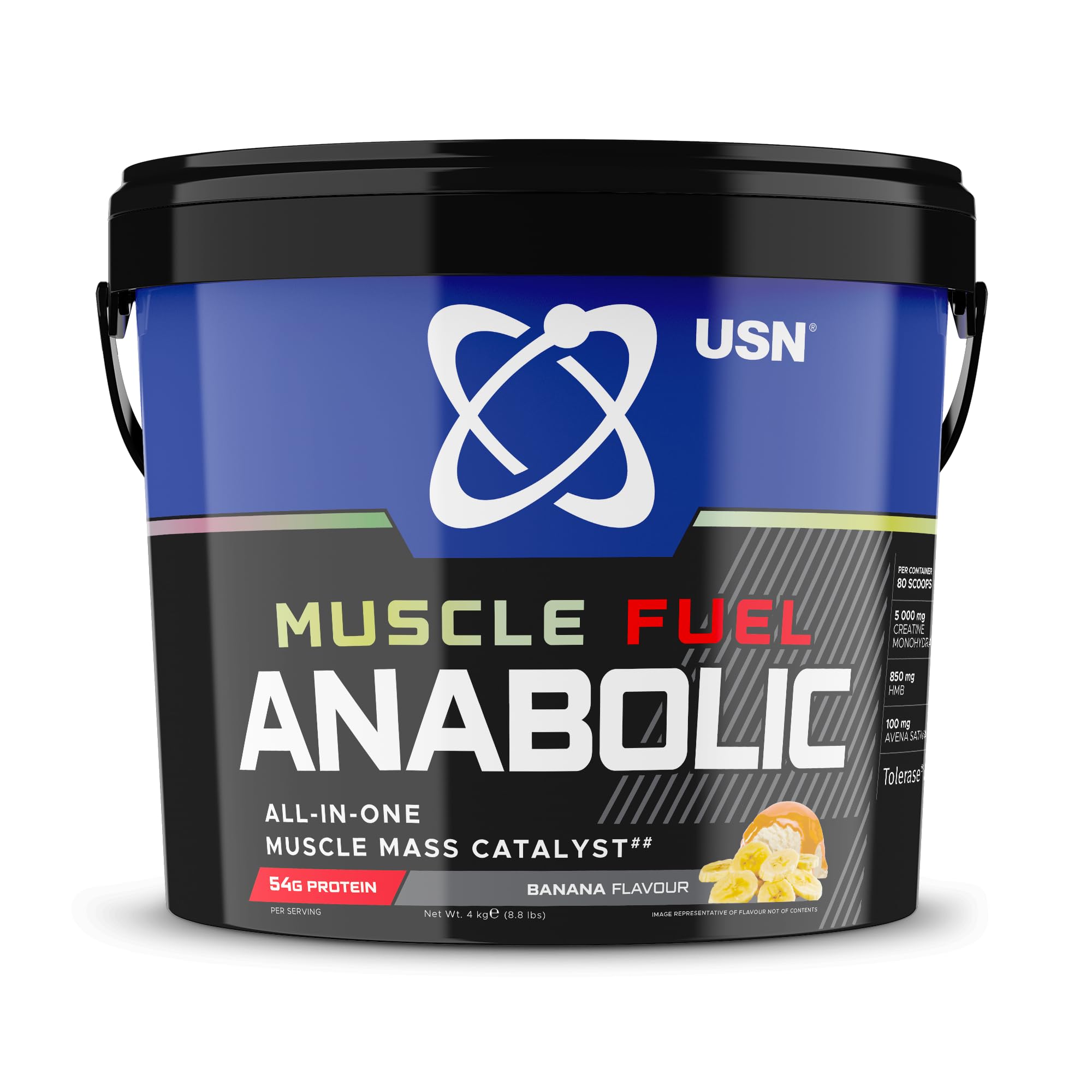 USN Muscle Fuel All-In-One Muscle Mass Gainer, Banana Flavour, 54g Protein Powder, 5g Creatine Powder & 5g BCAA Powder For Maximum Muscle Growth, Post Workout Recovery Drink Mix - 4kg