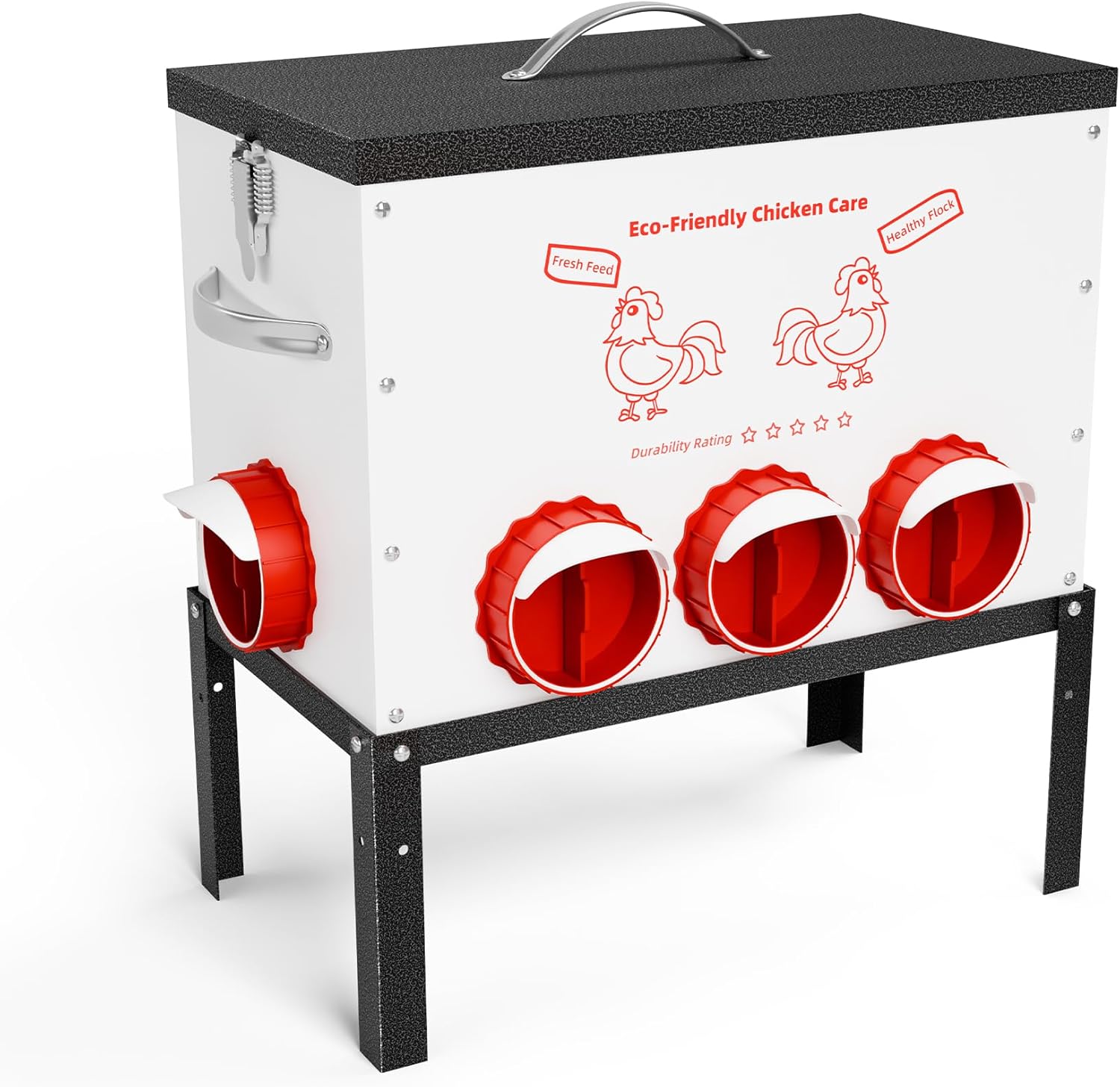 Automatic Chicken Feeder No Waste 35 Pounds 6 Ports Metal Poultry Feeder with Latch & Handle Adjustable Height Heavy-Duty Stand - Outdoor Feeding Station for Chickens, Ducks & Geese