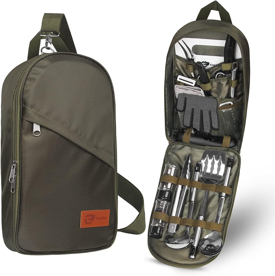 Portable Camp Kitchen Utensil Organizer Set BBQ Camping Cookware Utensils Travel Kit with Flatware|Water Resistant Case|Cutting Board|Rice Paddle|Tongs|Scissors (Army Green【Upgrade Version】)