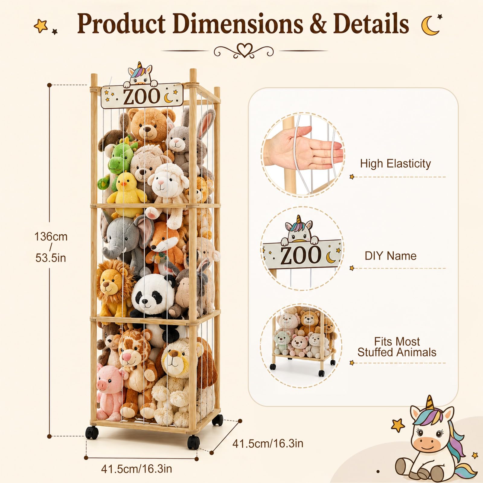 Porta Peluche, Contenitore per Animali di Peluche in Legno a 3 Piani con Rete e Ruote 360° Freno, Supporto per Animali Ripieni con Rete, 136x41x41 cm, per le Camere dei Bambini, i Soggiorni