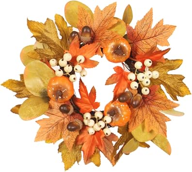 12 Inch Fall Candle Rings Wreaths, Small Autumn Wreath for Candlestick Decorative Rattan Garland with Maple Leaf Berries Pumpkin for Thanksgiving Halloween Table Fall Decor CenterpiecesNo Light