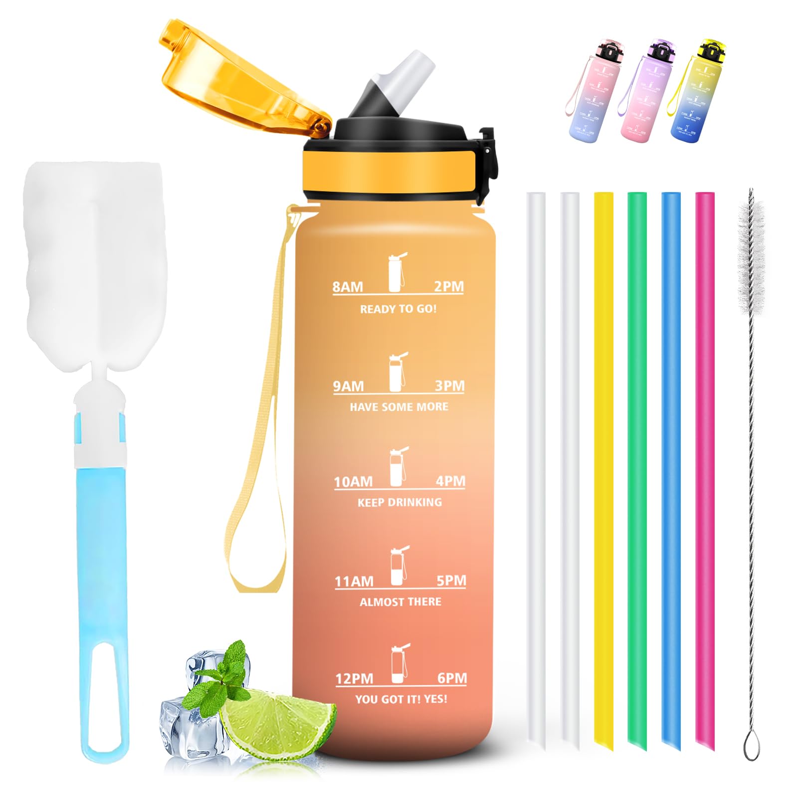 Mujigaga 1 Litre Water Bottle with Straw Leakless Motivational Water Bottles Easy Clean Graduated Water Bottles with Sponge Brush for Fitness Camping Cycling Yoga