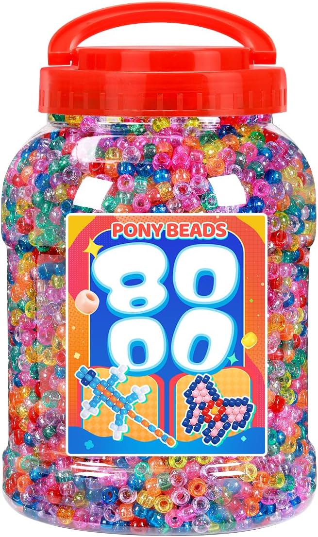 Bundooraking 8000pcs Pony Beads Bulk, Glitter Plastic Beads for Bracelets, Jewelry Making, Crafts, Hair Braiding, Keychains & DIY Projects with Handle Storage Bucket(6x9mm)