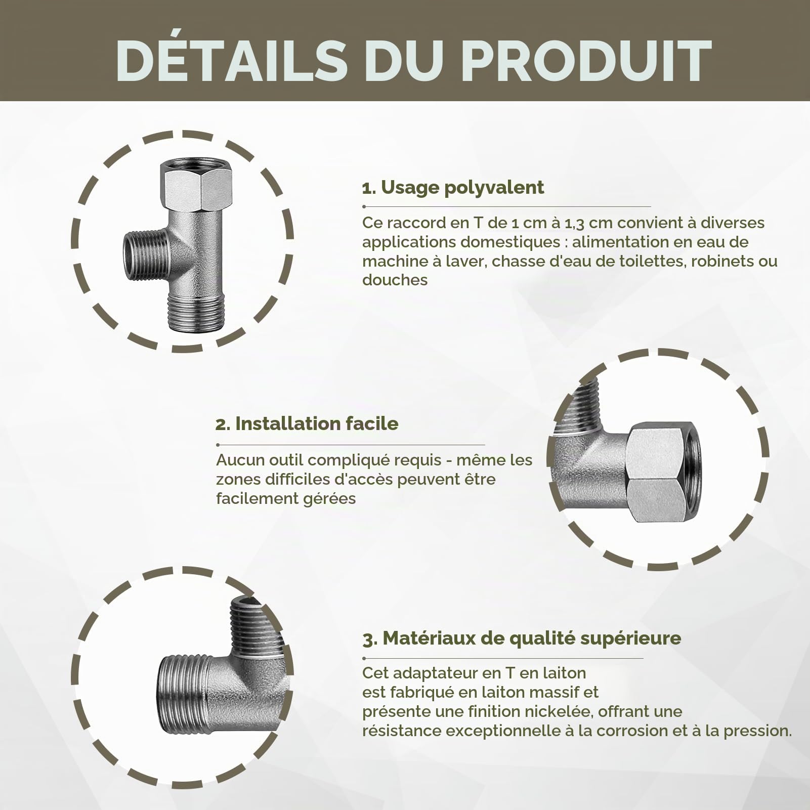Connecteur en T 3 Voies, Vanne D'inversion WC en Cuivre 3/8" avec Dents Latérales 1/2" Vanne, Connecteur de Tuyau 3 Voies, Dents Droites pour Réservoir de Chasse D'eau, Robinet 3 Voies WC