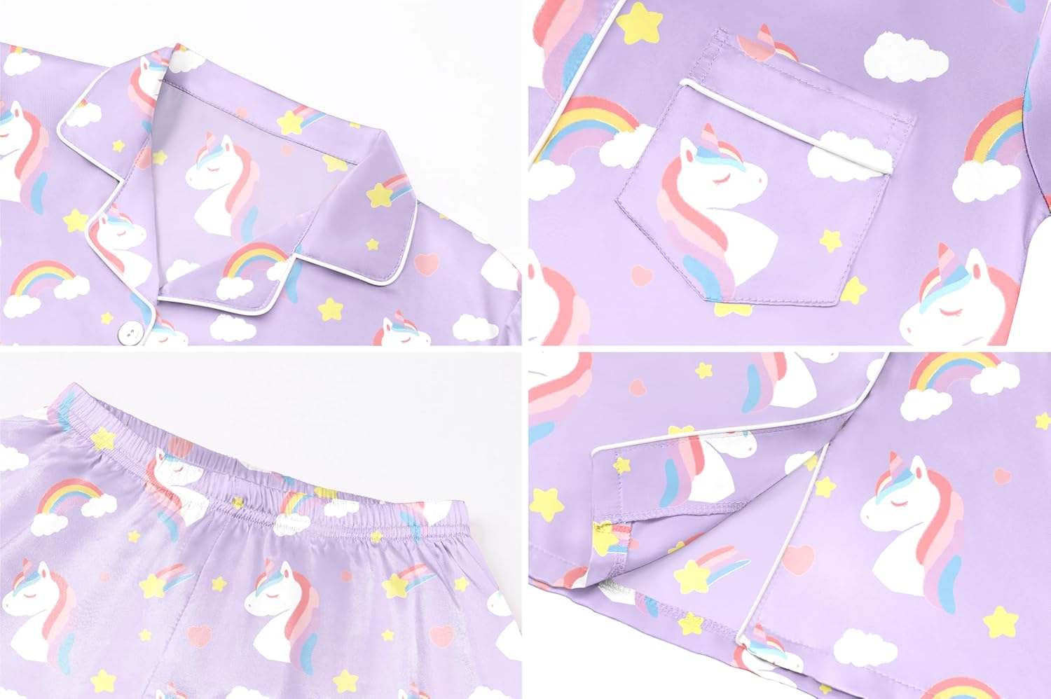 Girls Pajamas 2 Pieces Silky Satin Pajamas Set Short Sleeve & Pants Sleepwear Loungewear Button Down Pjs Set for Girls, Purple Unicorn - Image 6