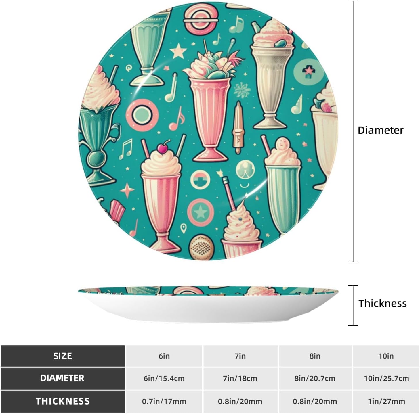 Retro-Milkshakes-Pattern 10 Inch Decorative Plate With Stand, Elegant Display Wall Plate For Home Decor