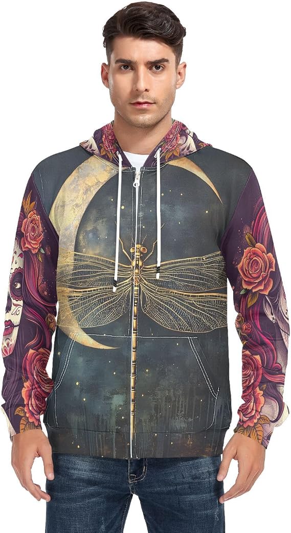 Dragonfly Crescent Moon Beautiful Sugar Skull Girl Men's Full-Zip Fleece Hoodie