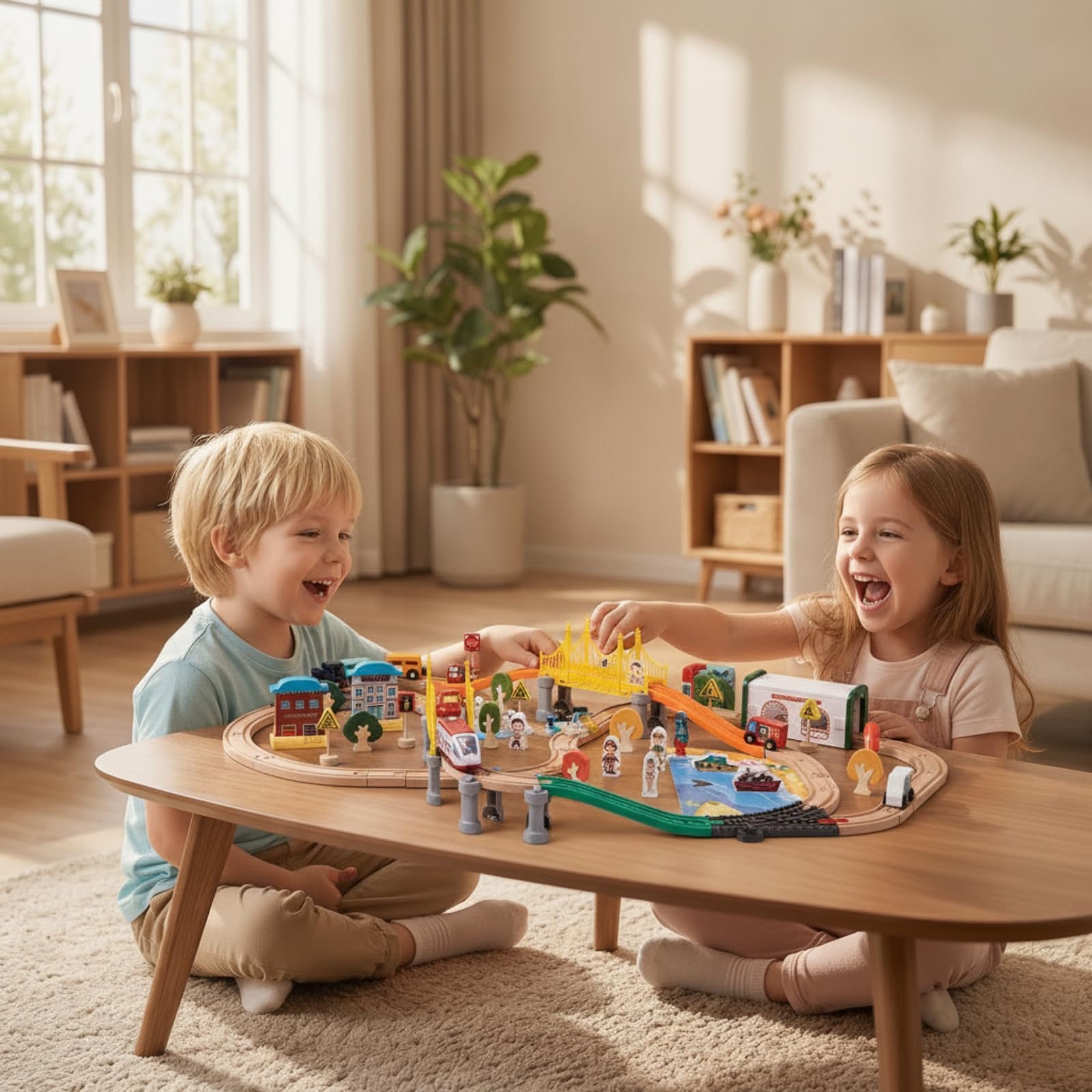 Children Electric Train Set Trenino Elettrico Giocattolo Pista Legno Plastica Set Binari Ponti Edifici Segnali Alberi Città Giocattolo Educativo
