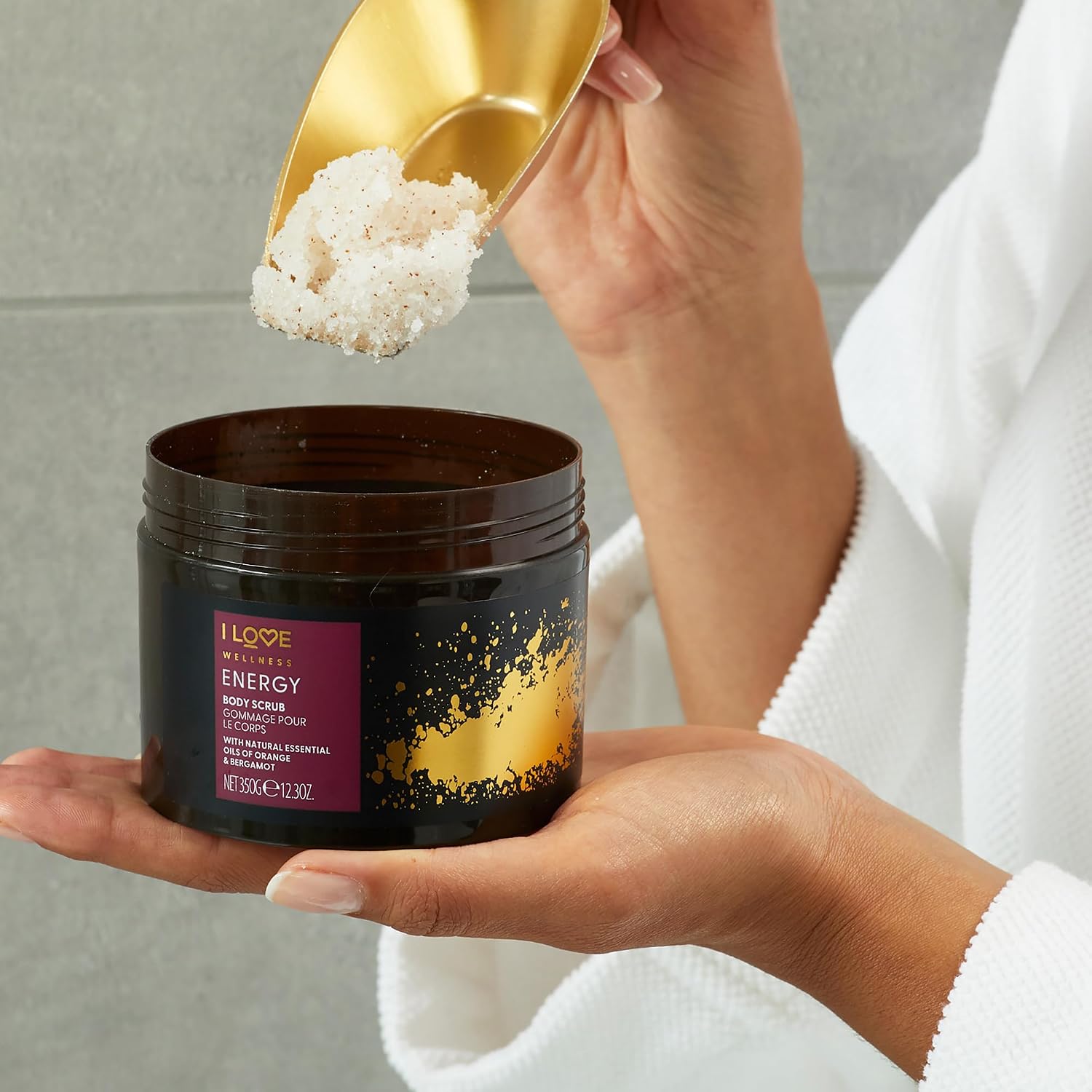 I LOVE Wellness Energy Body Scrub - Exfoliating Body Scrub - Sea Salt Shower Scrub - Orange and Bergamot Scent with Soothing Coconut Oil - 12.3 oz