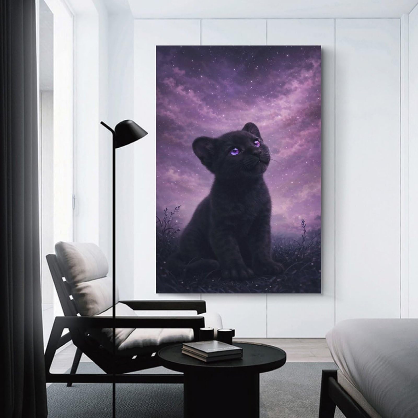 Junmoney Unframe-Style-8-1 Cute Black Panther Kitten Under Starry Sky Room Decor Wall Art, 24X36inch(60X90cm), For Living Spaces, Bedrooms Or Relaxed Rooms, Canvas Styling For A Polished Room Look