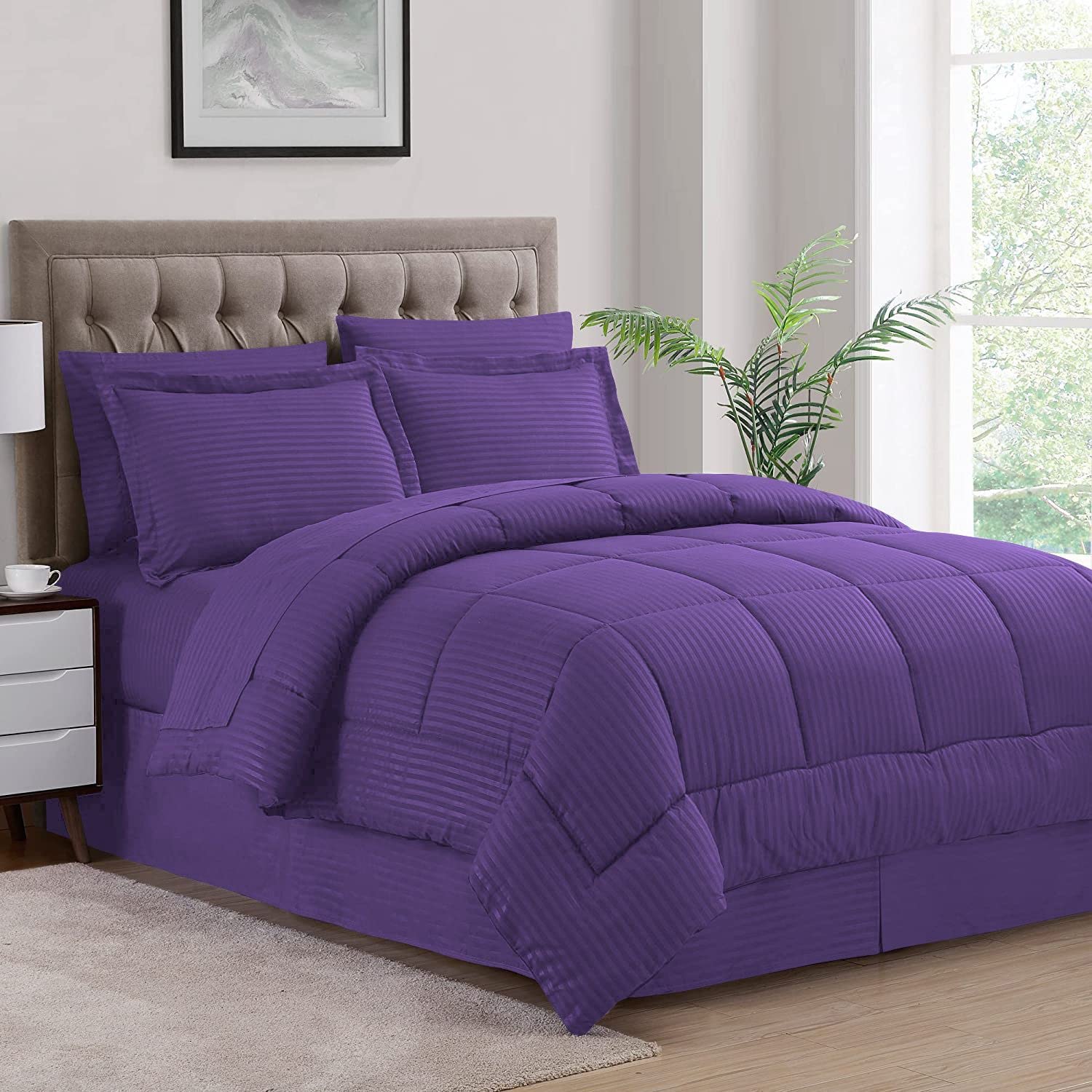 Down Alternative 3 Piece Comforter Set All Season Duvet Insert Striped -Ultra Soft 100% Egyptian Cotton Quilt Cover, Baffled Box Stitched with Corner Tabs - (Super King Size, Purple)