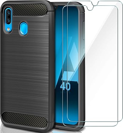 AROYI Funda Samsung Galaxy A40, [2 Pack] Cristal Templado, Carcasa Silicona Fibra de Carbono TPU Alta Resistente y Flexibilidad Fundas Cover Caso para Samsung Galaxy A40-Negro