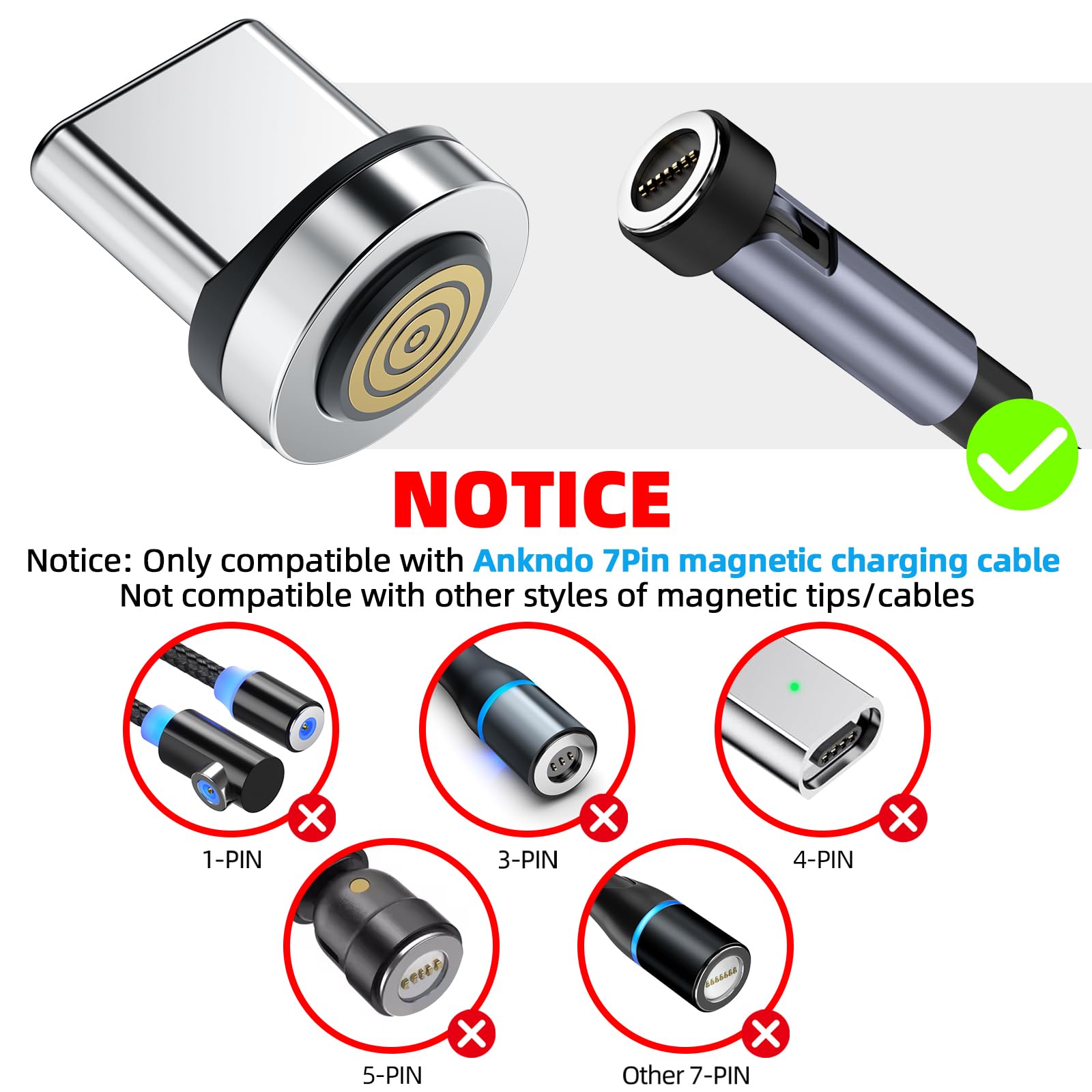 Ankndo Magnetyczne końcówki złącza [4-pak] Adapter magnetyczny USB C, kompatybilny z 7-pinowym magnetycznym kablem ładującym, obracający się o 360°, mocny magnetyczny adapter kabla do telefonu do