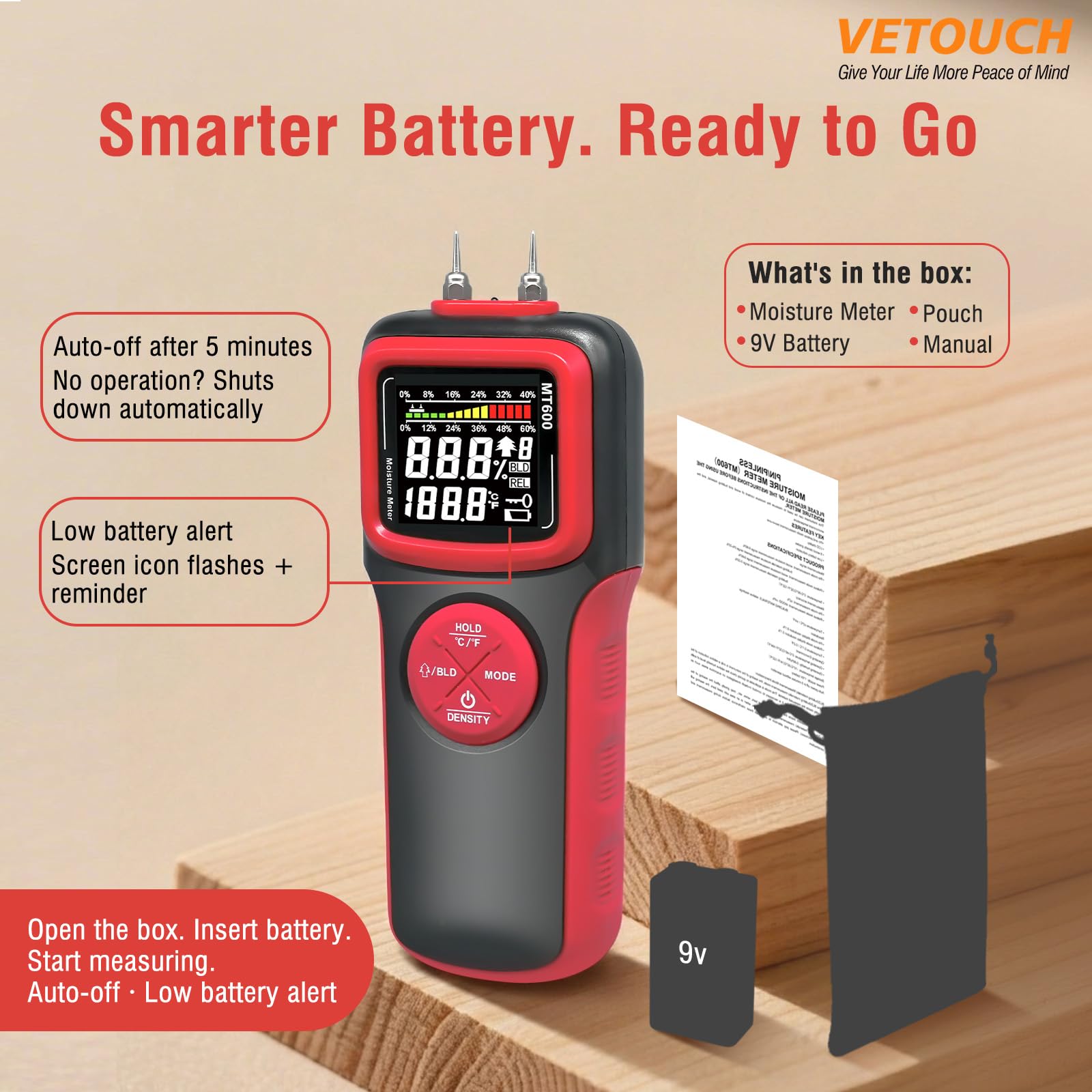 2 in 1 Pin & Pinless Wood Moisture Meter, Digital Moisture Detector with LCD Display & Alarm, Temperature Humidity Tester for Wood, Building Materials, Firewood, Walls, Floors, Home Renovation — Amazon image 7