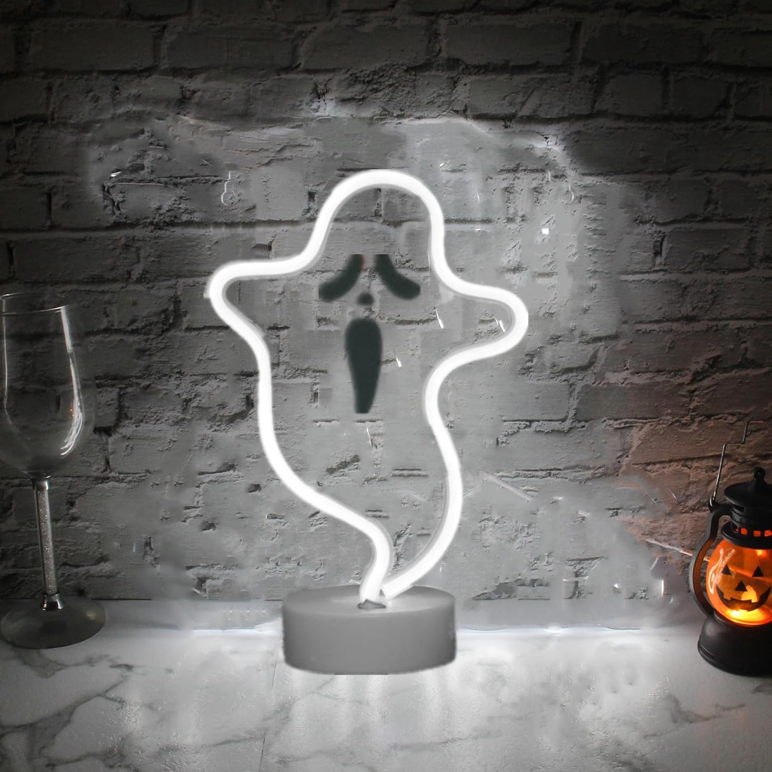 LED Halloween Neon Sign Battery/USB Powered Ghost Shape Neon Lamp with Base for Bedroom Bar Office Desk Halloween Decorations(White) — image 1