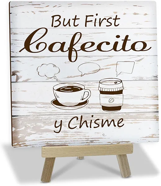 ltazhyi Gifts for Coffee Lovers, But First Cafecito Y Chisme Sign, Home Kitchen Coffee Signs Decor for Counter, Humor Kitchen Decorations Counter Coffee Bar Table Shelf Decor - 43