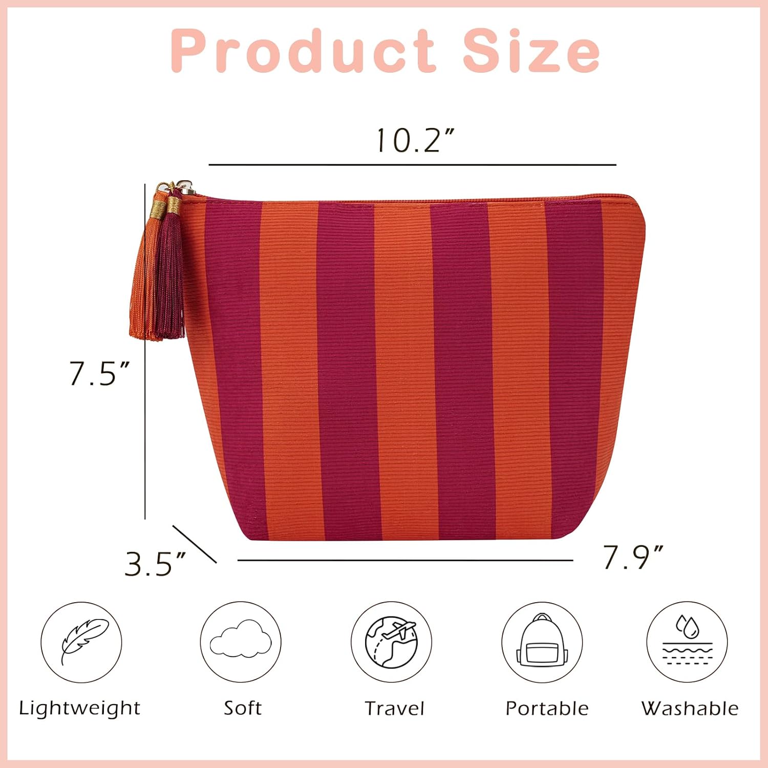 Corduroy Stripe Makeup Bag, Aesthetic Tassel Travel Cosmetic Bag with Zipper, Coquette Toiletry Bag, Girls Handbags Purses, Accessories Storage Bag for Women Girls (25Orange&Red) - Image 3
