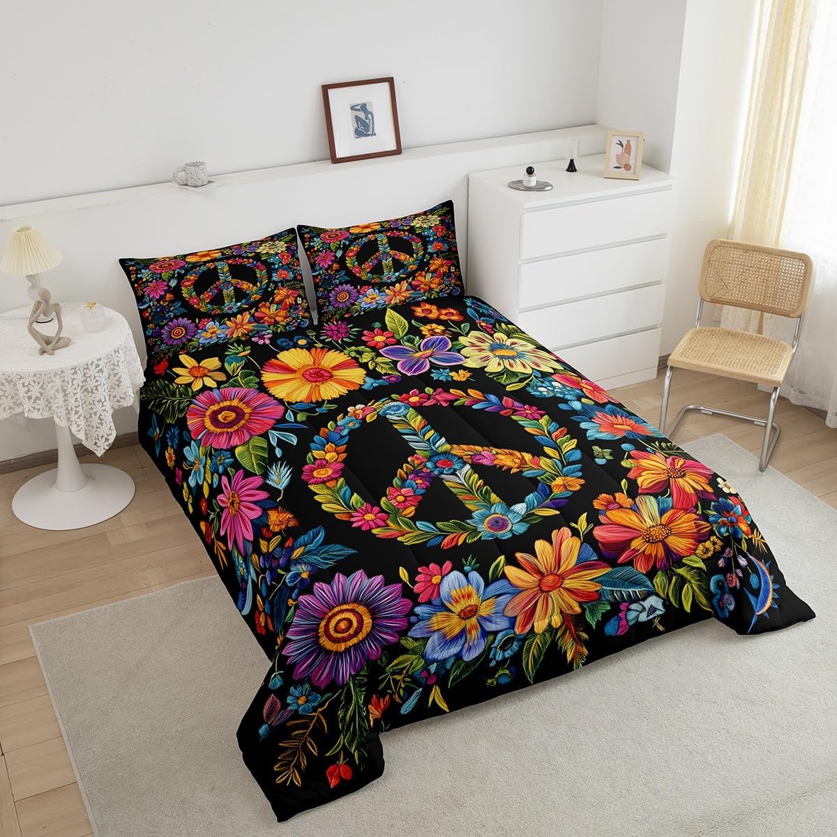Erosebridal Hippie Peace Symbol Comforter Set Twin,Colorful Groovy Flowers Bedding Set,Bohemian Bedding Comforter Sets,Wild Botanical Floral Leaves Duvet Insert Bedroom Decor
