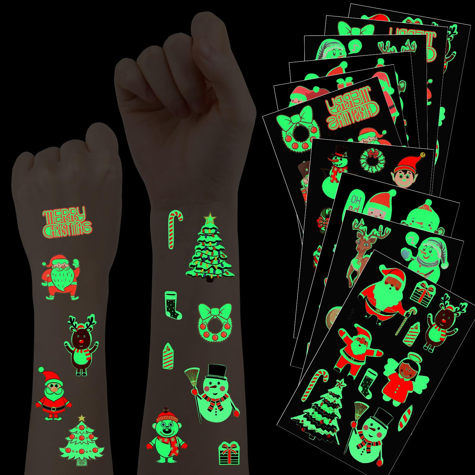 JUNEBRUSHS Glowing Christmas Temporary Tattoos for Kids 208Pcs Kids Tattoos 20 Sheets Christmas Stocking Stuffers Glow in the Dark Decorations for Boys Girls Christmas Face Makeup Gift Filler