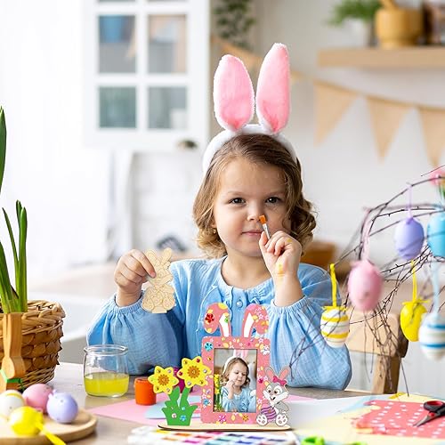 Miniatura 2 de RGISHOP Paquete de 4 manualidades de conejo de madera de Pascua para niños, marco de fotos de conejo de bricolaje, marco de fotos de madera sin