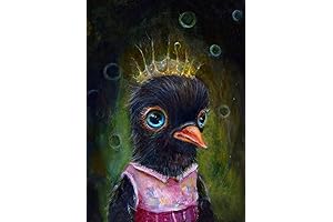Whimsical Black Bird Crow Raven Art Print: Pop Surrealism Big Eye Princess