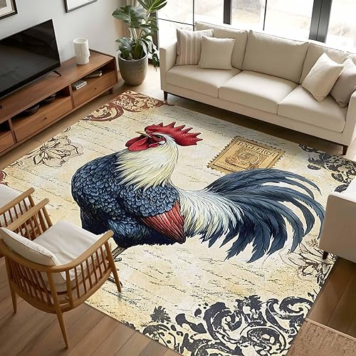Miniatura 12 de 6ft Round Rug, Navy Blue Retro Rooster Non-Skid Rubber Backing Large Area Rugs - Living Room Bedroom Home Office, Watercolor Animals Indoor Floor