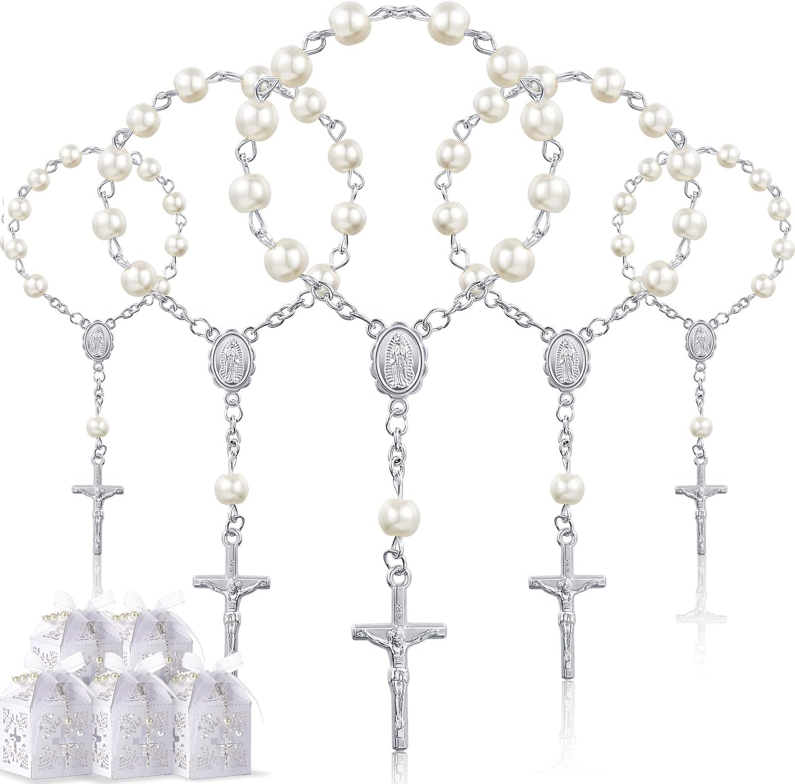 Otuuz50 Packs Baptism Favors Set Acrylic Baptism Rosary Beads Faux Pearls with Organza Bags Recuerdo De Boda Y Bautizo for Christening Party Favors(Silver Pearl Bracelet)