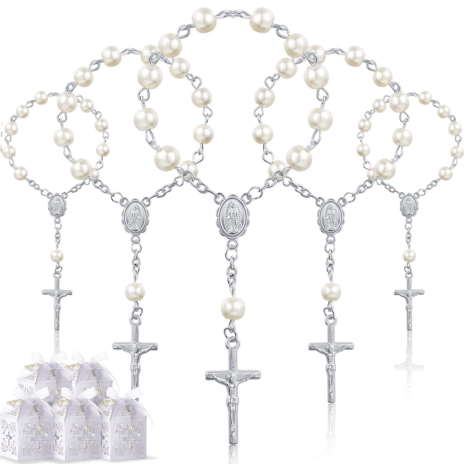 Otuuz50 Packs Baptism Favors Set Acrylic Baptism Rosary Beads Faux Pearls with Organza Bags Recuerdo De Boda Y Bautizo for Christening Party Favors(Silver Pearl Bracelet)