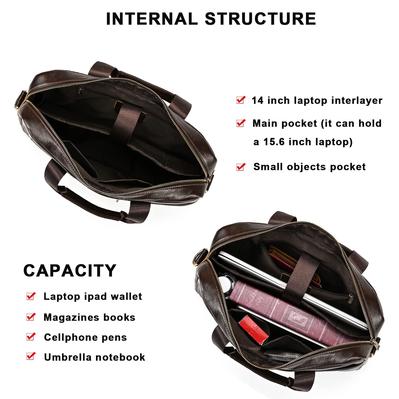 15.6 Zoll Herren Laptoptasche Leder Aktentasche Umhängetasche Handtasche für Business Notebook Büro, 3316 Braun