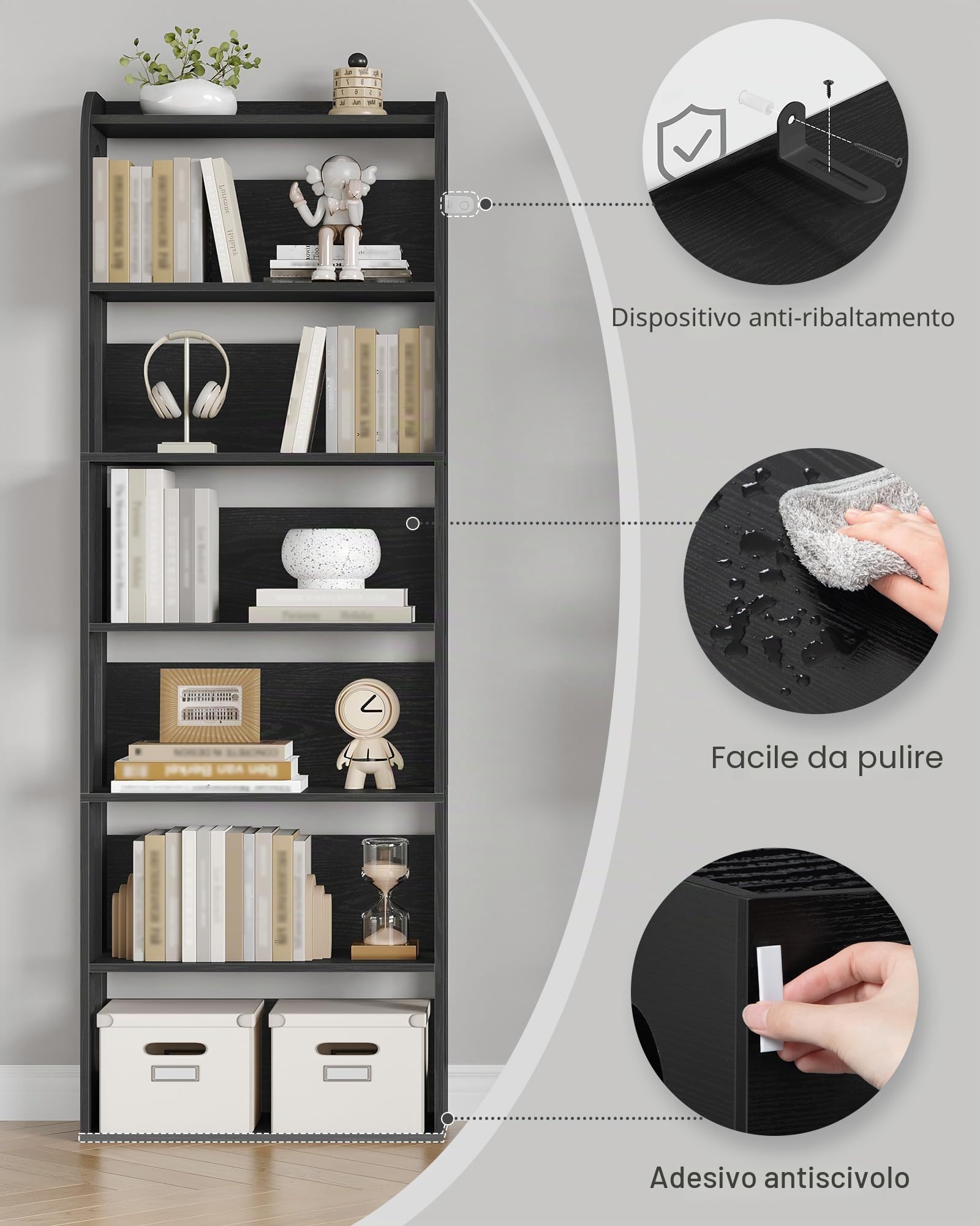 Hzuaneri Libreria a 7 Ripiani, Libreria Soggiorno Legno, Scaffale Portaoggetti Aperto, per Salón, Estudio, Oficin, Dormitorio, 24 x 60 x 182 cm, Nero BC70004X