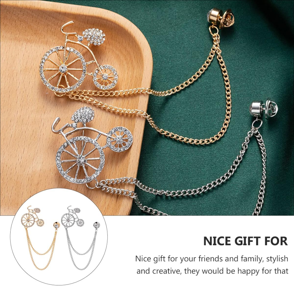Ipetboom Diamond Bike Brooch and Chain Brooch Set, Gold and Silver Tone Rhinestone Pins for Women’s Clothing, Bag Decor, and Accessories image 5
