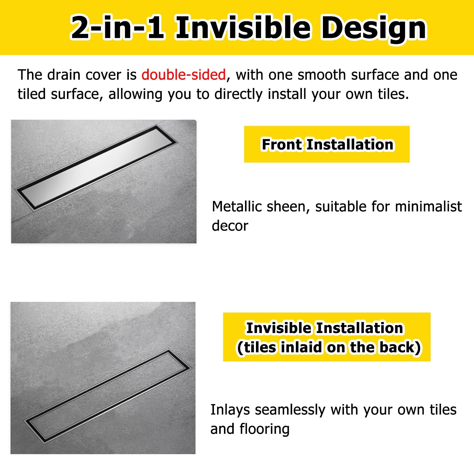 Desagüe de Suelo Invisible Desagüe De Suelo De Tira Larga Antiobstrucción, Desagüe De Suelo Invisible Acero Inoxidable Drenaje Rápido Y Fácil De Limpiar(Gray,L 39 2/5 in(100cm))