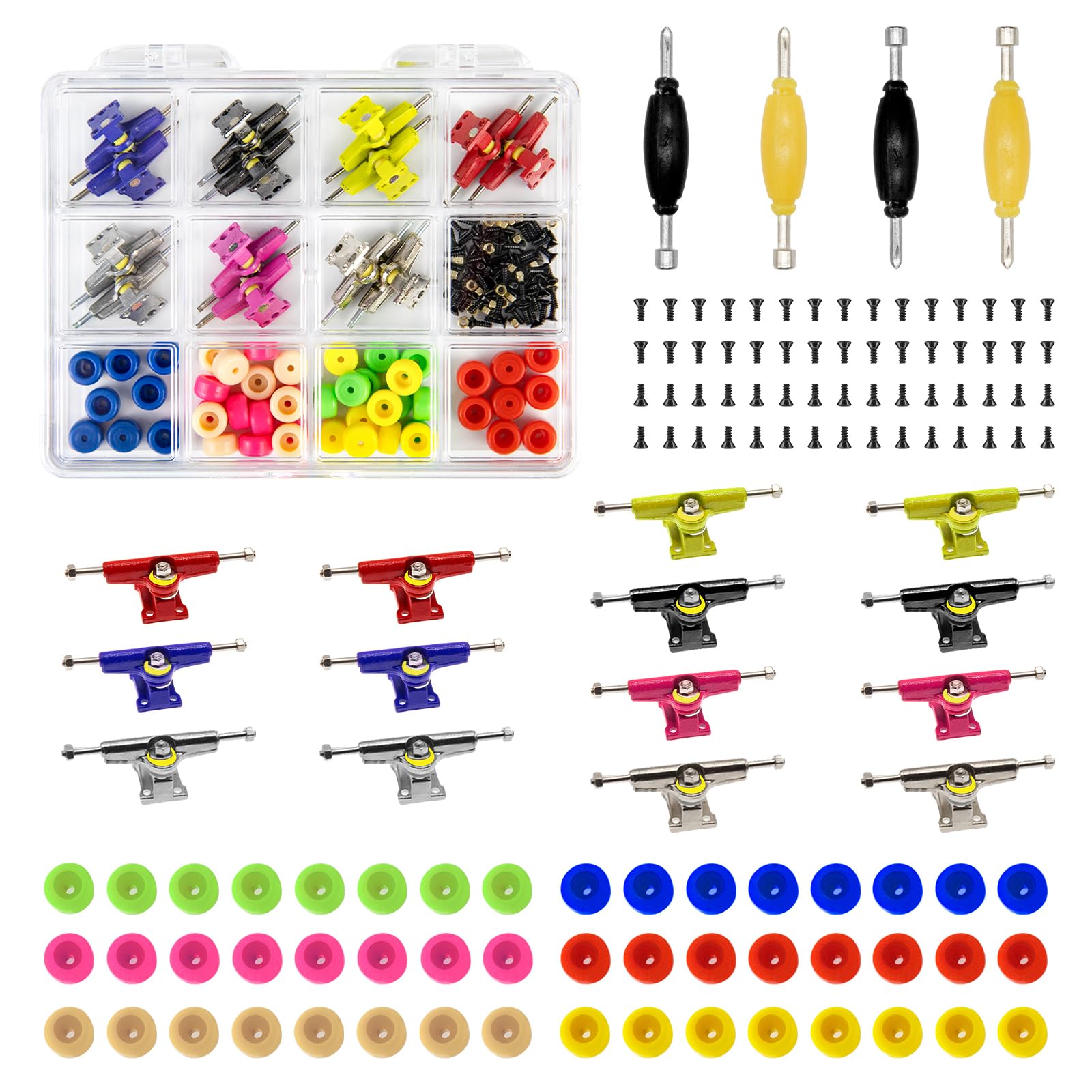 SIXPOINTS 156 Pieces DIY Fingerboard Making Kit Case-31mm Multicolour Trucks,Wheel, Screws,Nuts,Spanner,Compatible with Most Finger Board Repair Replace Tool (Multicolour Trucks Repair Box)