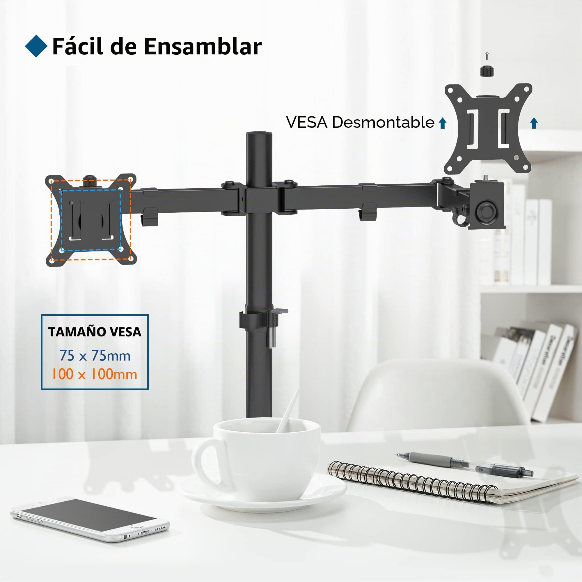 BONTEC Soporte Doble Monitor para Pantallas de 13-32 Pulgadas, Brazo de Monitor Doble Ajustable en Altura con 2 Métodos de Instalación, Rotación Inclinable y Giratoria, VESA 75x75/100x100
