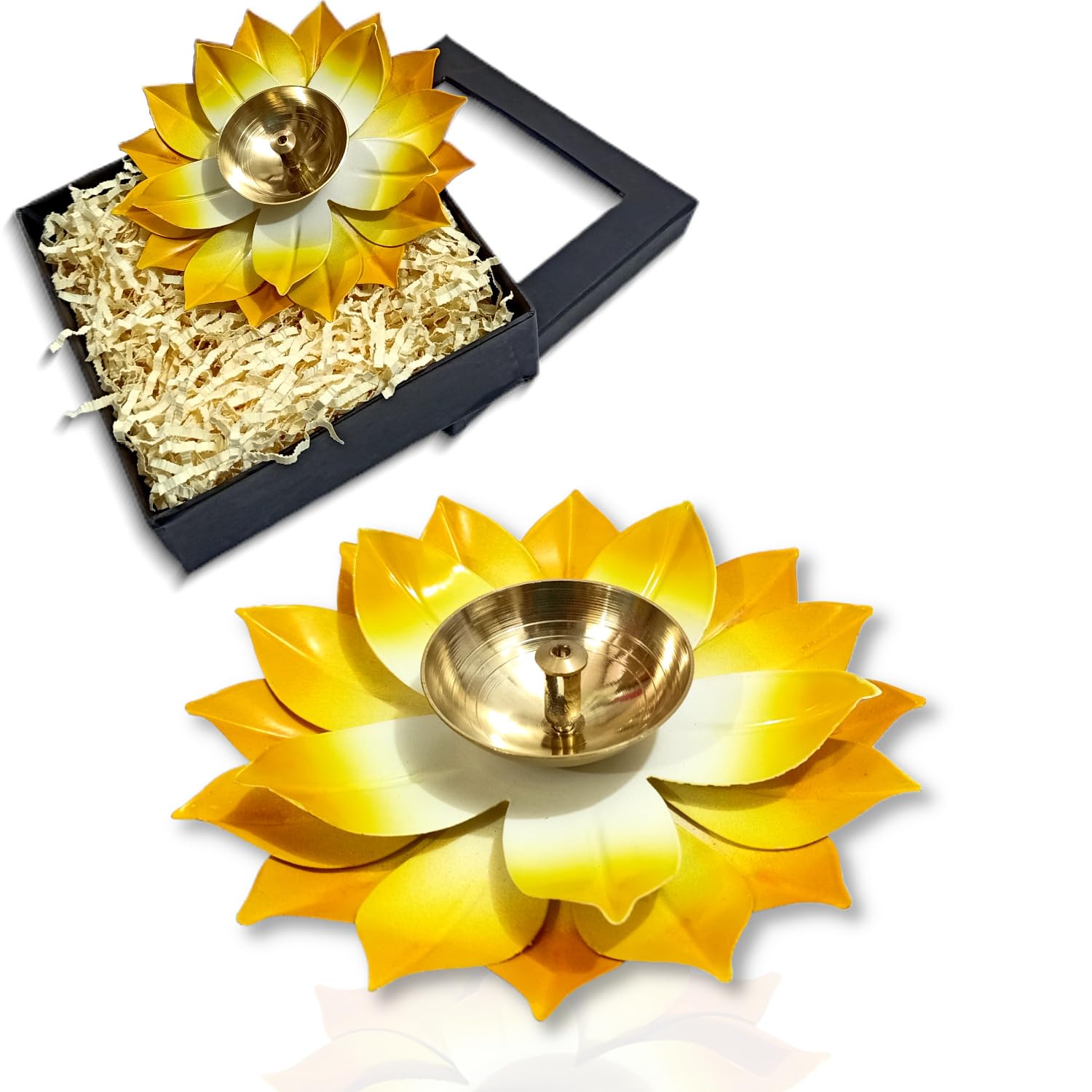 Lamina Set of 1 Lotus Shaped Large Size Brass Diya for Puja (6inch Yellow Petals) Center Wick Holder Pital Akhand Kamal Deep Vilakku for Home Décor, Worship, Housewarming, Marriage & Return Gift