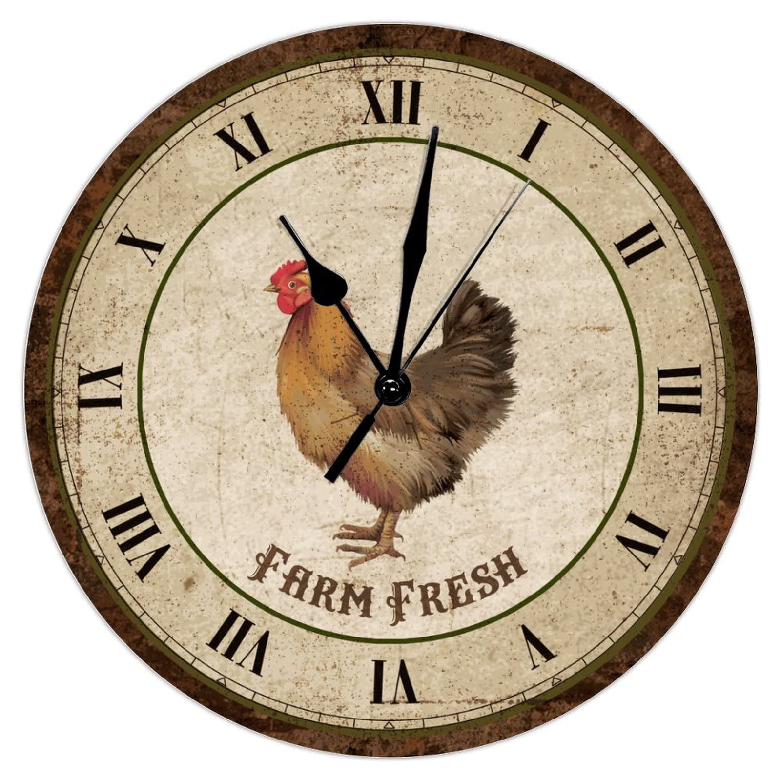 Horloge murale décorative vintage en bois 30,5 cm ronde à suspendre motif coq traditionnel