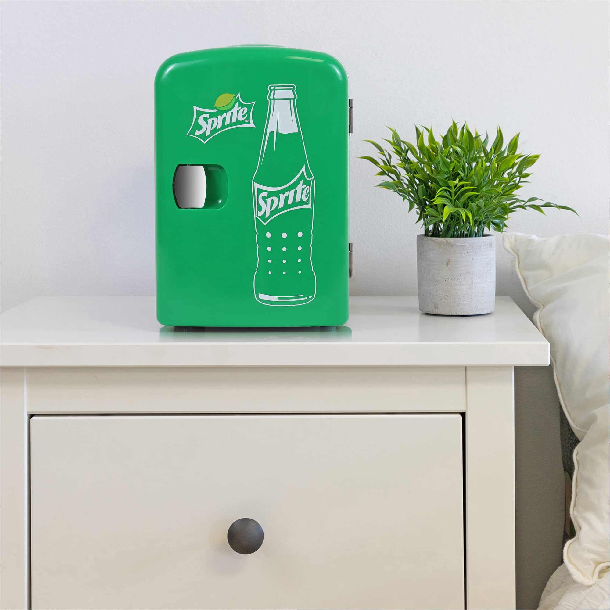 Sprite Mini Fridge - Refrigerator for Bedroom Skincare Office, Portable Table Top Beverage Cooler, 12V 110V Refrigerador For Drinks, Soda, Wines, Breast Milk, Use In Car, Dorm, Outdoor, Patio, 8 Can