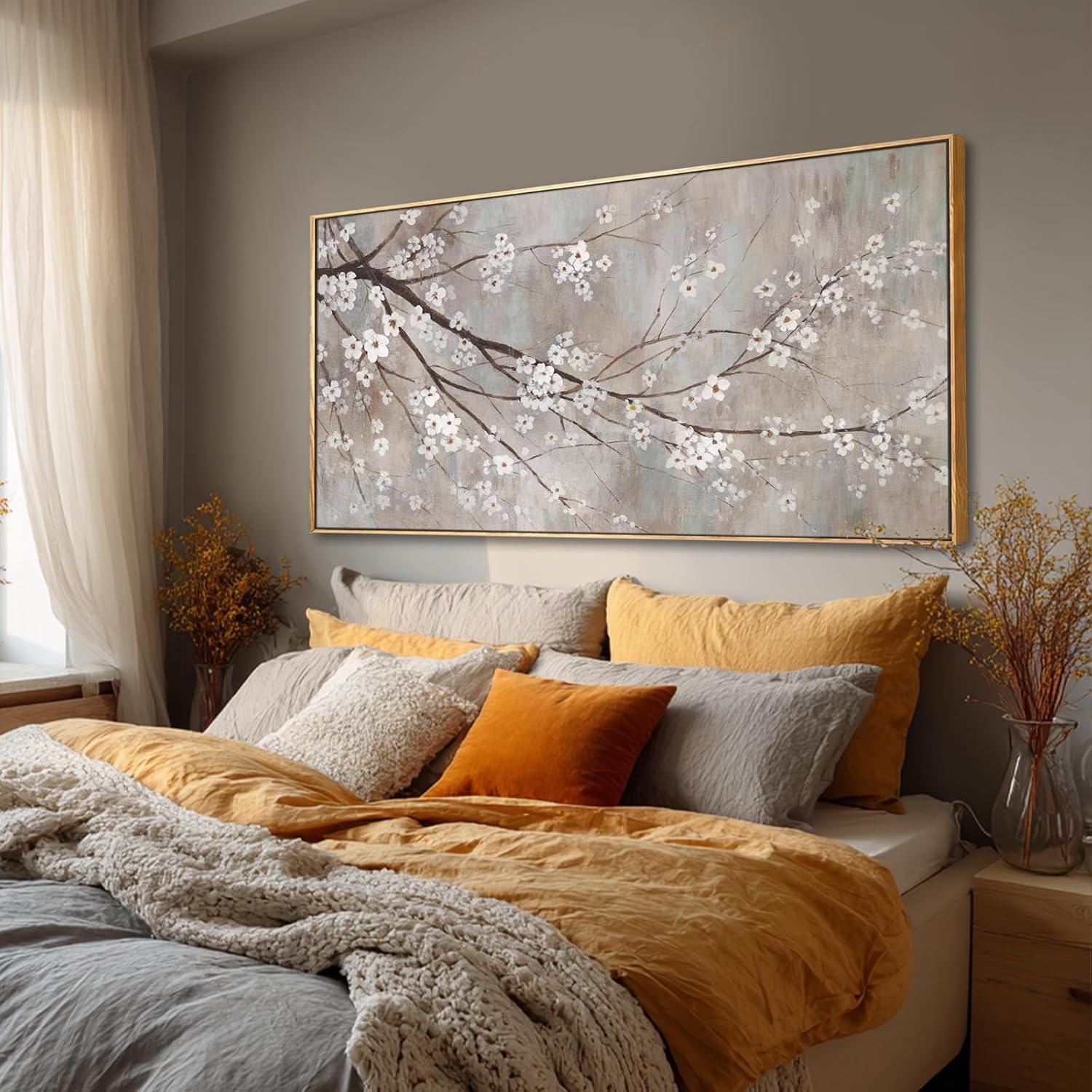 XIANSHOU Plum blossom Wall Decor White Flowers Painting on Canvas Nature Wall Art for Bedroom 24"x 48" Wall Decorations for Living Room Office