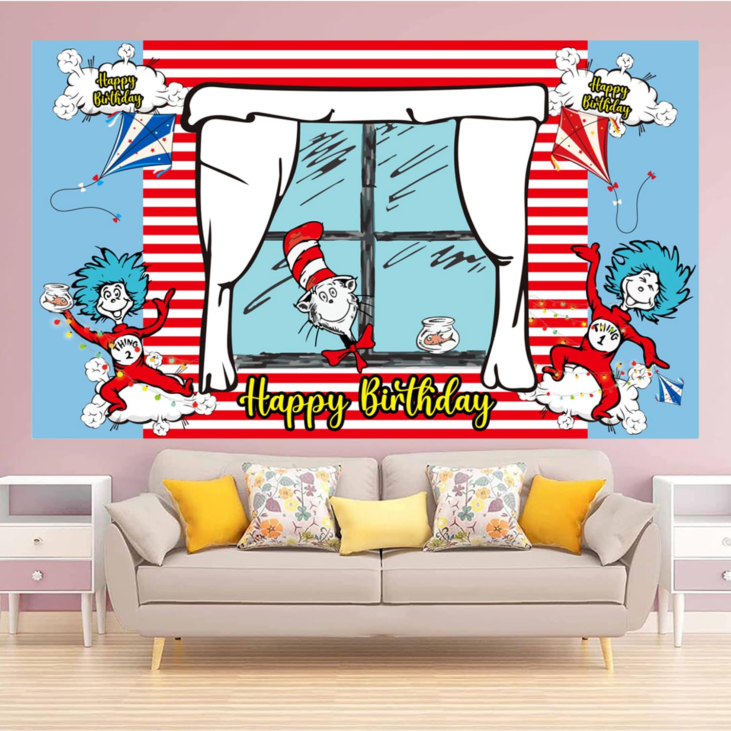 Happy Birthday Backdrop Banner 70.8X43.3 inches, Red and Blue Stripes Cartoon Window Kite Photography Background for Cat in The Hat Birthday