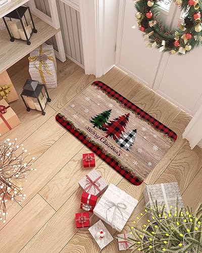 Vista 2 de Tapete de Feliz Navidad, tapete antideslizante para puerta delantera, baño, cocina, dormitorio, patio, entrada, 16 x 24 pulgadas, rojo, negro y verde