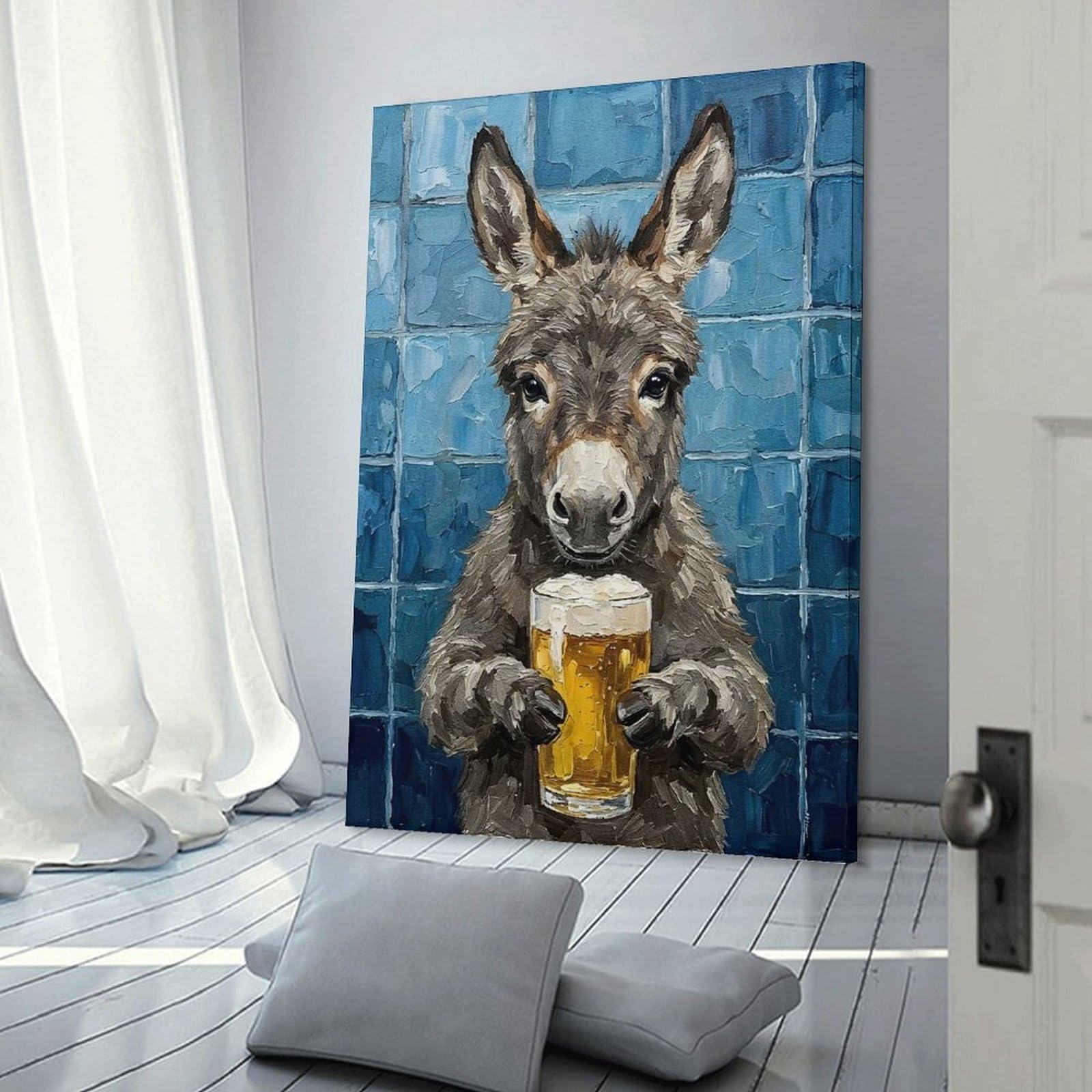 Junmoney Frame-Style-16-1 Donkey With Beer Painting Home Decor Wall Art 20X30inch(50X75cm), For Hallway, Bedroom Or Modern Interiors, Canvas Artwork With Gifting Potential