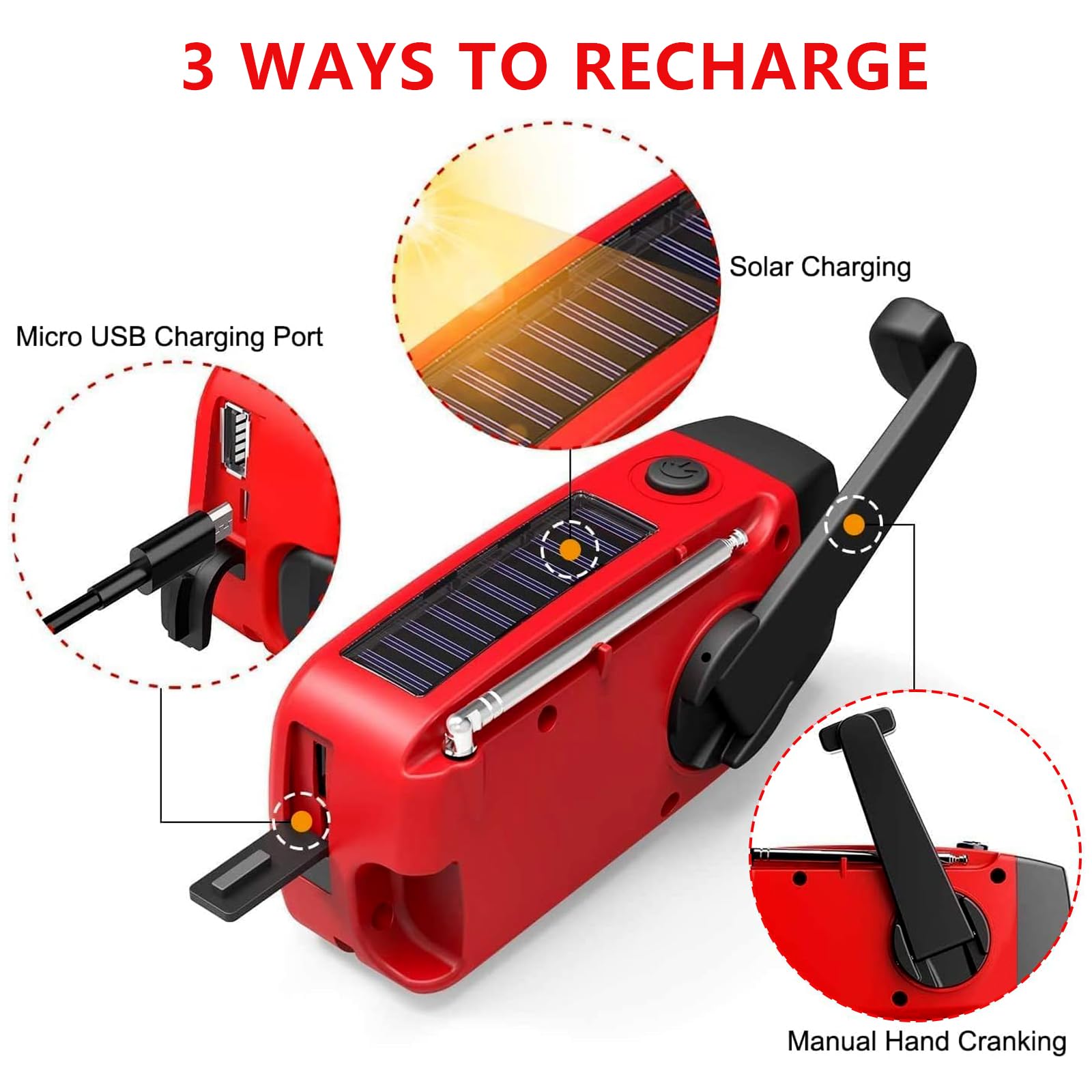 Radio à manivelle avec USB / chargeur de téléphone / lampe de poche 3 LED AM/FM/NOAA - Radio portable météo pour urgence, camping, survie, voyage, randonnée